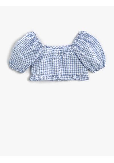 Koton Crop Bluz Kareli Kısa Balon Kollu Mavi Ekose 2skg60001ew