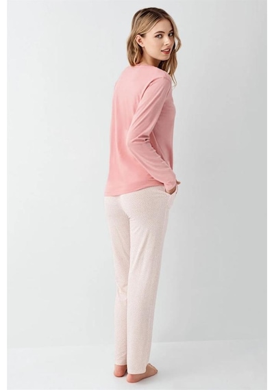 Arnetta Modal Pamuk Uzun Kol Sıfır Yaka Patlı Bayan Pijama Takım Pembe