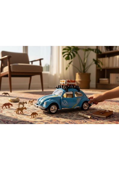 Klasik Işıklı Sesli Metal Araba - Mavi Valizli Retro Beetle - 15 Cm Çok Renkli