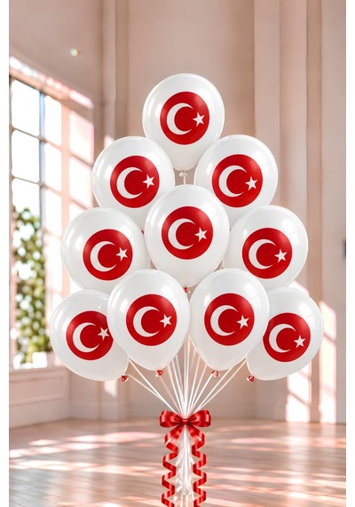 Türk Bayrağı Baskılı Beyaz Lateks Balon 10'lu Set 12 İnç Milli Bayram Parti Balonu Çok Renkli