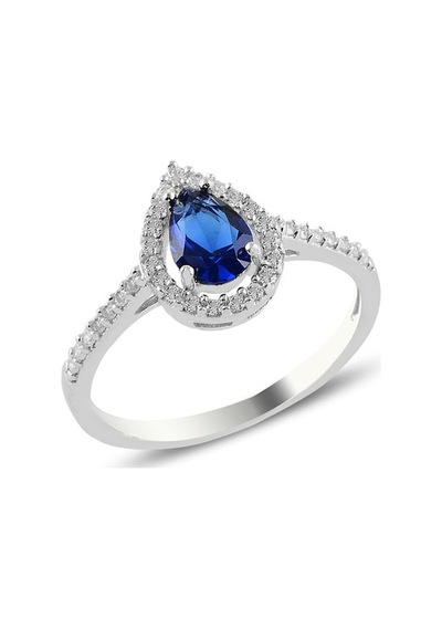 Gümüş Rodyumlu Safir Taşlı Damla Modeli Yüzük