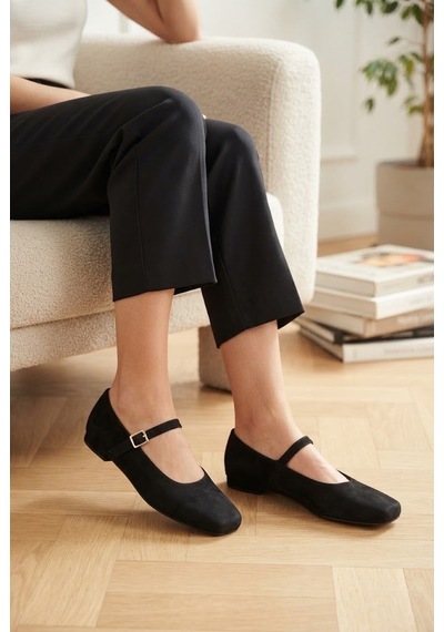 Shoetek Argus Kadın Babet Dolgu Topuklu Bantlı Tokalı Siyah Süet