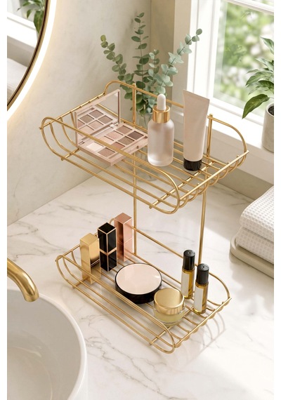 Gold 2 Katlı Metal Sabunluk & Şampuanlık Banyo Köşeliği Altın