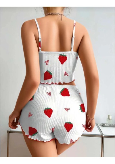 La Vıor Kadın Çilek Desenli Pijama Takımı Beyaz