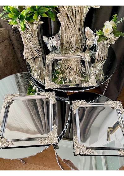 Atabey Home Collection 6'lı Kahve & Çay & Sunum Tepsisi Metal Döküm Kare Gümüş Gül Model