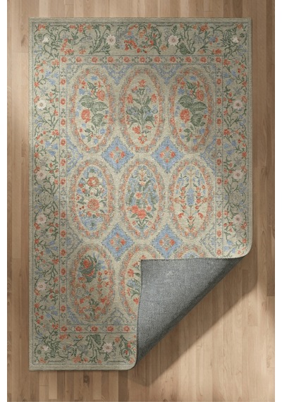 Floris 235 Bej Yeşil Mavi Çiçekli Bordürlü Eskitme Desenli Dokuma Şönil Bohem Vintage Oda Halısı