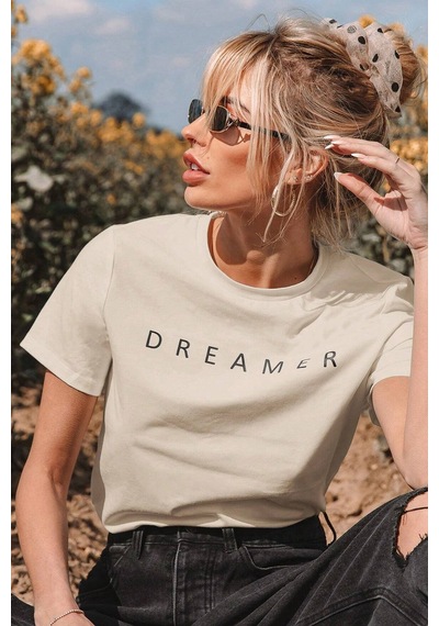 Unisex Dreamer Baskılı Oversize Tshirt Bej