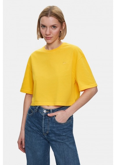Indıana Sarı Bisiklet Yaka Crop Baskılı Loose Fit Kadın Tshirt Sarı