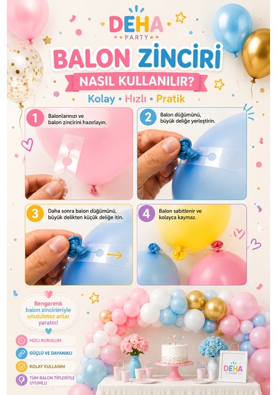 Cinsiyet Partisi Balon Zinciri Süsleme Seti 30 Mavi Balon, 30 Pembe Balon, Balon Yapıştırma + Zincir Mavi - Pembe