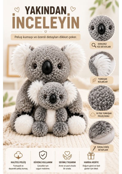 26 Cm Gri Anne Ve Yavru Koala Peluş Oyuncak Yumuşak Dekoratif Çocuk Odası Uyku Arkadaşı