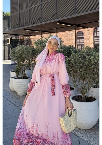 Riella Butik Çiçek Desenli Tesettür Elbise Pembe