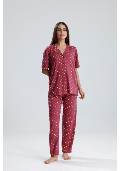 Kompedan Kadın Puantiye Desen Önden Düğmeli Pijama Takım Mürdüm P. Mürdüm