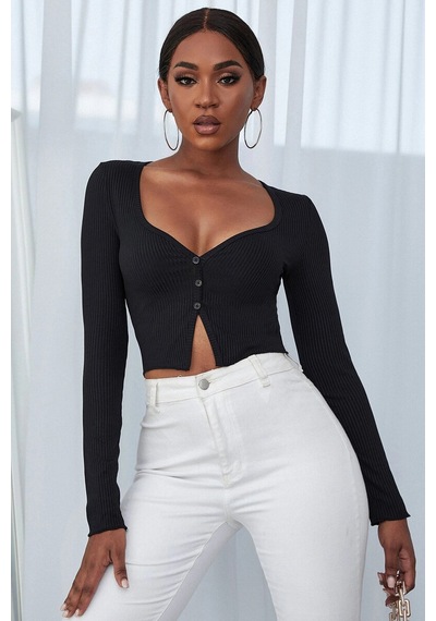 Kadın Siyah Uzun Kollu Düğmeli Göğüs Ve Göbek Dekolteli Crop Top Bluz
