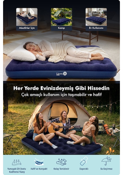 Livenzi Çift Kişilik Şişme Yatak & Yastık 203 152 22 Cm Lacivert