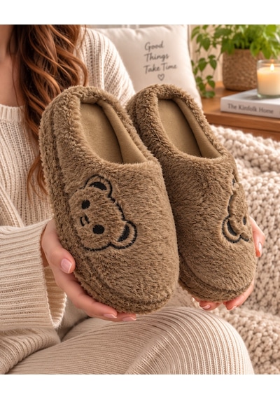 Modafrato Fluffy Ayıcık Desenli Kadın Ev Terliği Kışlık Yünlü Terlik Ses Yapmayan İçi Yünlü Günlük Rahat Terlik Siyah - Taba Modafrato Fluffy Ayıcık Desenli Kadın Ev Terliği Kışlık Yünlü Terlik Ses Yapmayan İçi Yünlü Günlük Rahat Terlik Siyah - Taba