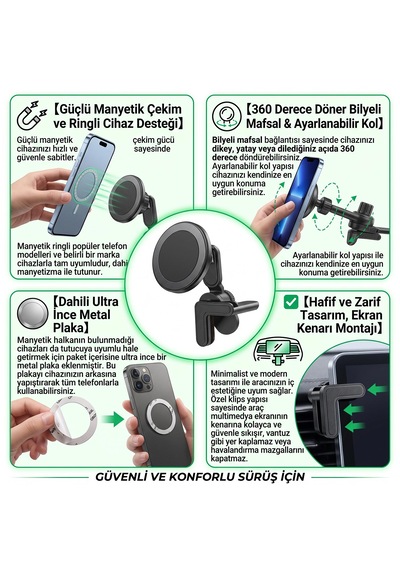Araç İçi Multimedya Ekran Tipi Mıknatıslı Telefon Tutucu 360 Döner Metal Plaka Dahili Siyah Kıskaçlı Tutacak C38