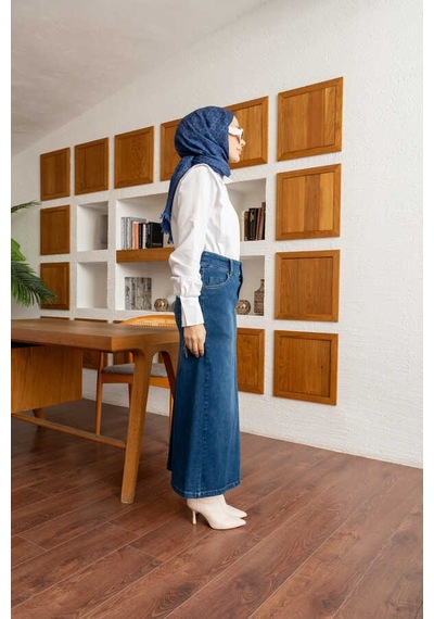 Neways 2254-denim Klasik Etek Koyu Mavi Koyu Mavi