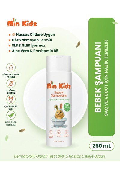 Min Kidz Dermatolojik Olarak Test Edilmiş Saç Vücut Şampuanı 250 Ml Hassas