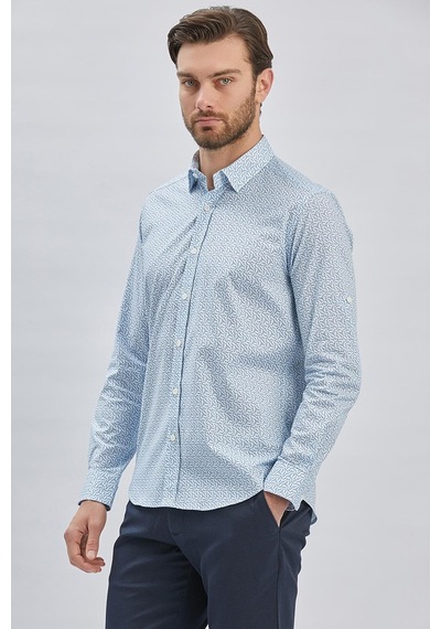 İmza Mavi Kısalabilir Kol Baskılı Düğmeli Yaka Cepsiz %97 Pamuk %3 Elastane Klasik Slim Fit Gömlek 1004240116-mavi Mavi