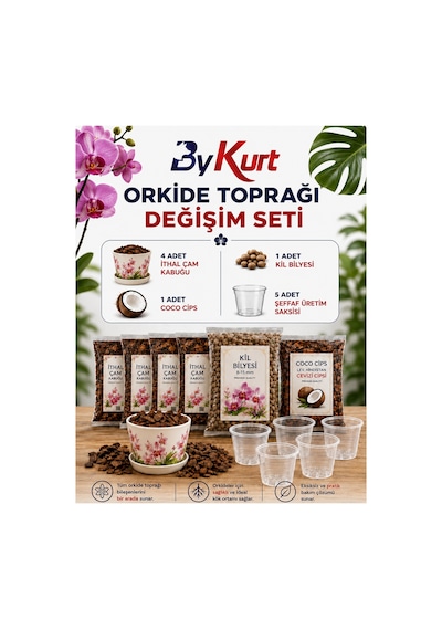 Orkide Toprağı Saksı Değişim Seti Premium - 4 Adet İthal Çam Kabuğu + Coco Cips + Kil Bilyesi + 5 Adet Şeffaf Orkide Saksısı Bakım Seti 6 L