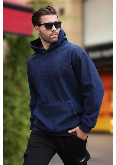 Madmext Lacivert Kapüşonlu Cep Detaylı Polar Erkek Sweatshirt 7093 Lacivert