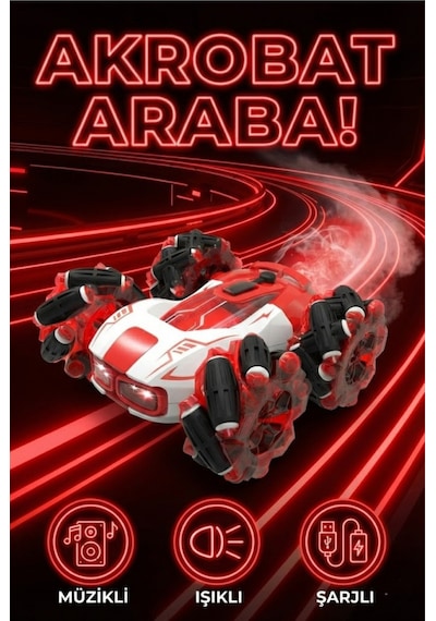 Uzaktan Kumandalı Şarjlı Buharlı Akrobat Araba 360 Derece Dönen Işıklı Müzikli 4x4 Drift Kırmızı