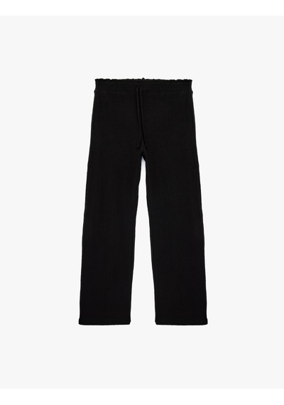 Koton Yüksek Bel Rahat Kalıp Geniş Paça Beli Bağcıklı Pantolon Siyah 6sal40021ık