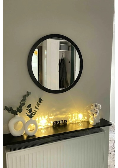 Dekoratik Yuvarlak Ayna 45 Cm Çap Antre Hol Koridor Duvar Salon Mutfak Banyo Ofis Makyaj Aynası - Siyah Siyah
