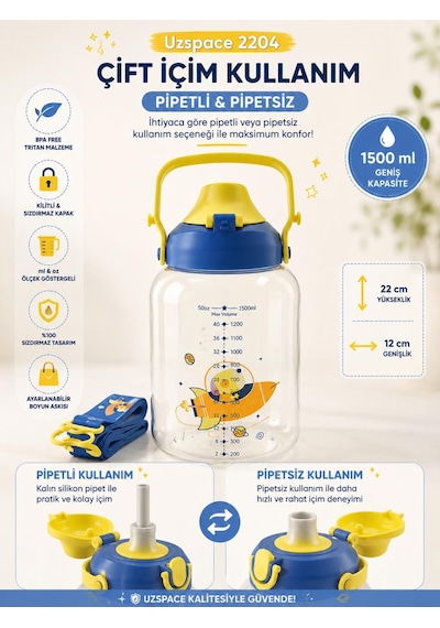 Uzspace 2204 Mavi 1500 Ml Çift İçim Ölçek Göstergeli Tritan Çocuk Su Matarası