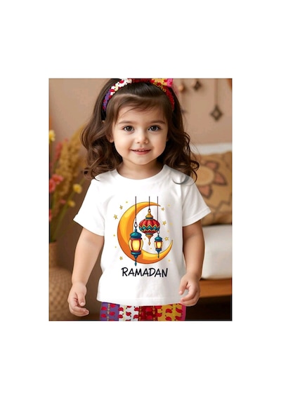 Stil X Ramazan Bayramı Baskılı Kız Çocuk Tshirt, %100 Pamuklu Kumaş Beyaz-3