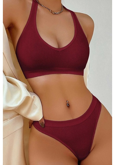 Moda Dua Kadın Bordo Seamless Tanga Sütyen Takım