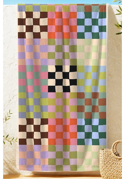 Damalı Geometrik Retro Plaj Havlusu - Renkli Modern Patchwork Hızlı Kuruyan Mikrofiber Havlu Eski Akasya