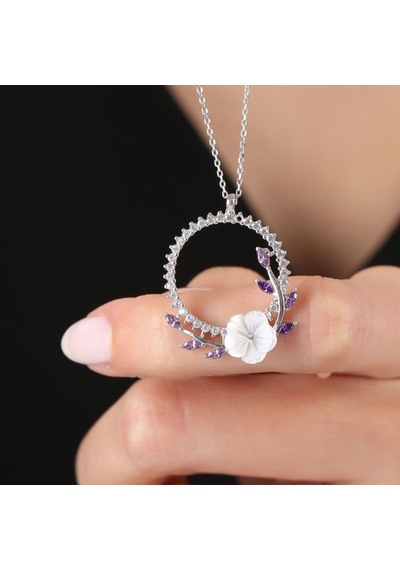 Mia vento Pırlanta Montür Ametist Taşlı Manolya Çiçeği Tacı Flowers Gümüş Kolye