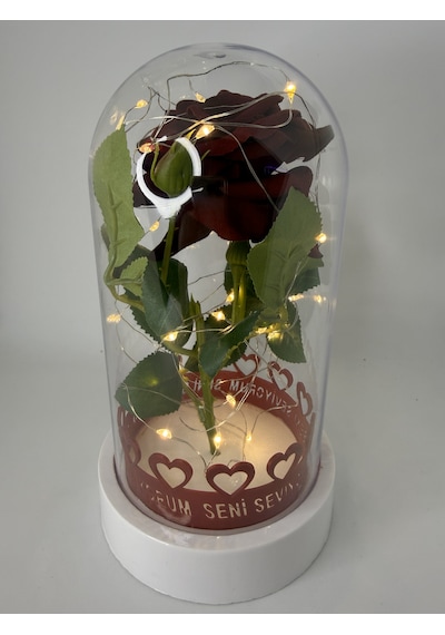 Sevgililer Günü Hediyesi - Işıklı Fanus İçinde Tek Kırmızı Gül - Işıklı Fanus 12x20 Cm Hediye Kalp Anahtarlık Ebat-12x20 Cm