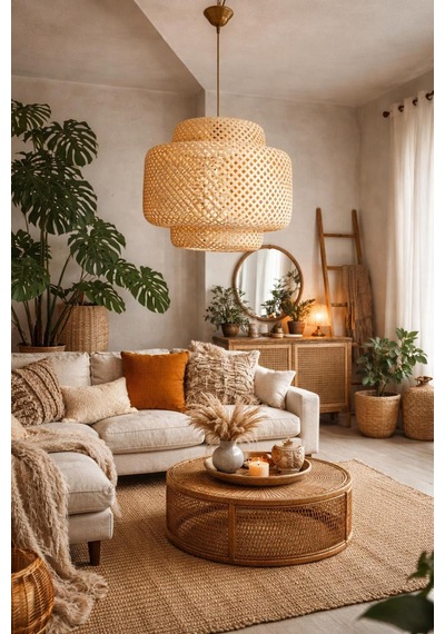 Ömür Avize Trudy 30 30 Bambu Modern Tasarım Oturma Odası Avize Beyaz
