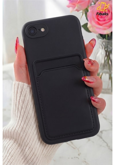Fibaks iPhone 7/8/se Uyumlu Kılıf Kamera Korumalı Kartlıklı Cüzdanlı Kırmızı Tuşlu Siyah Silikon Kapak Siyah