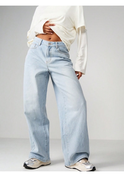 Buz Mavi Palazzo Pantolon Wide Leg Yüksek Bel Denim Jeans Mavi