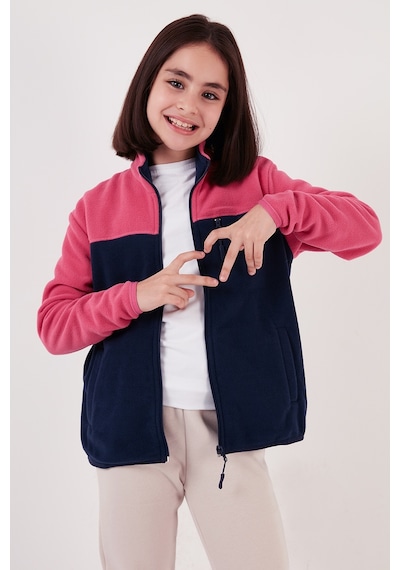 Lela Yumuşak Dokulu Fermuarlı Renk Bloklu Dik Yaka Cepli Hırka Unisex Çocuk Polar 5905001 Fuşya-Lacivert