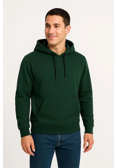 Erkek 3 İplik Pamuklu Kapüşonlu Kanguru Cepli Sweatshirt Hoodie - Haki