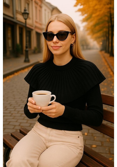 Hira Life Fashion Kadın Fırfır Detaylı Kısa Kazak Siyah Siyah