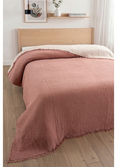 Tek Kişilik 4 Kat Müslin Yatak Örtüsü - %100 Pamuk, Çift Taraflı Müslin Pike - 170x240 Cm - Kiremit