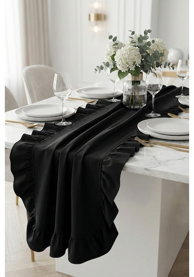 Naturel Siyah Fırfırlı Keten Runner - 40x150 Cm