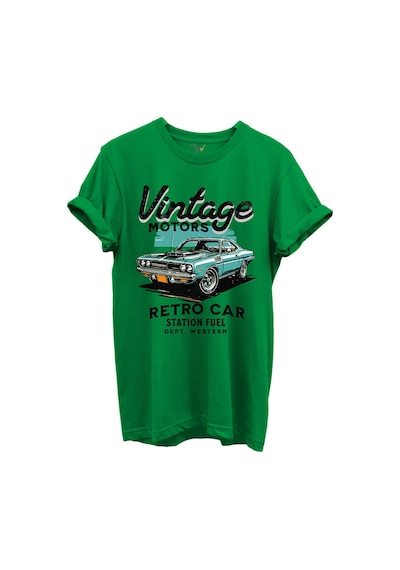 Vintage Motors Yazılı Retro Araba Baskılı %100 Pamuk Regular Fit Unisex T-shirt Yeşil