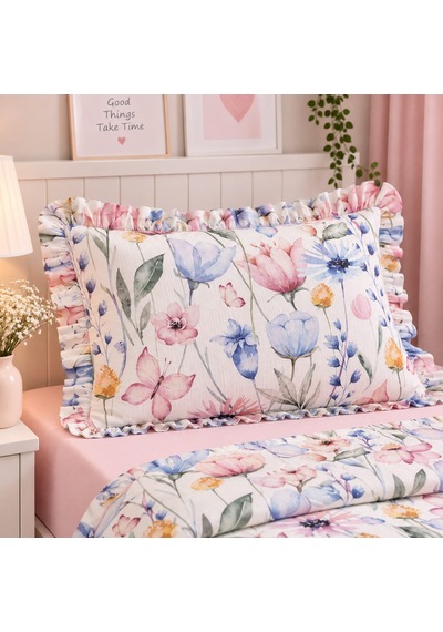 Sallhome Çiçek Bahçesi Desenli Fırfırlı Tek Kişilik Pike Takımı Açık Pembe