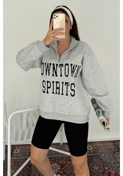 Noa & Noa Kadın Fermuarlı Baskılı Sweatshirt Downtown Energy Gri