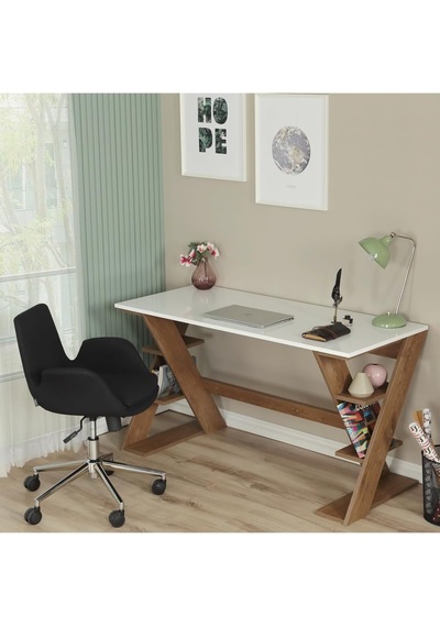 Lungo Raflı Çalışma Masası, Ofis Masası, 60x140 Cm, Koyu Meşe&beyaz Çok Renkli