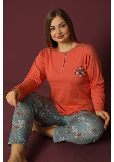 Nisanca Uzun Kollu %100 Pamuk Büyük Beden Anne Pijama Takımı- Anne Özel Serisi Turuncu