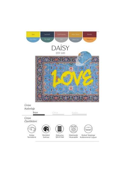 Cool Halı Daisy Mavi Halı Yıkanabilir Çiçekli Dokuma Şönil Halı Etnik Desen Vintage Ev Oda Halısı