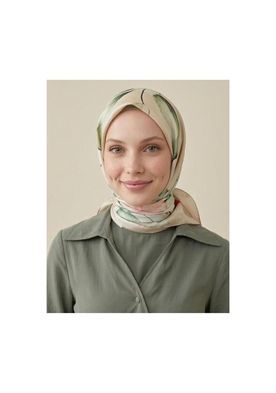 Bushu Çiçek Ve Desenli Twill Eşarp Açık Yeşil Romantik
