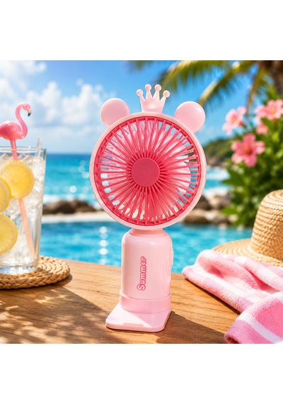 Vıp Yüksek Kalite Pembe Mini El Fanı 2 Kademeli Hız Şarjlı El Fanı Renkli Led Işıklı Plajda Çadırda